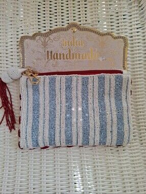 Handmade Blue And White Stripe Beaded Small Zipper Pouch Red Trim NWT